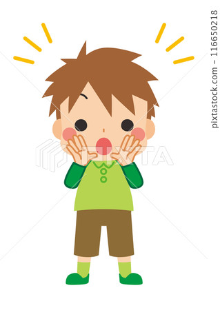 Illustration of a cute boy shouting something loudly, full body, white background, clip art, vector 116650218