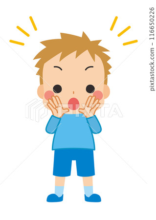 Illustration of a cute boy shouting something loudly, full body, white background, clip art, vector Illustration of a cute boy shouting something loudly, full body, white background, clip art, vector 116650226