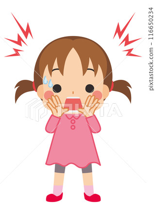 一個可愛的女孩大聲呼喚危險的插圖，全身，白色背景，剪貼畫，向量 116650234