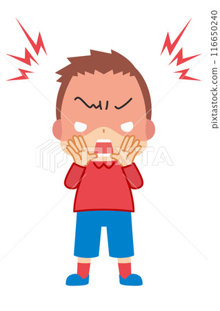 一個可愛的男孩生氣並大聲警告的插圖，全身，白色背景，剪貼畫，向量 116650240
