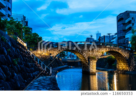 Illuminated night view of Nakajima River and Meganebashi Bridge [Nagasaki City] 116650353