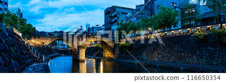 Panorama of illuminated night view of Nakajima River and Megane Bridge [Nagasaki City] 116650354