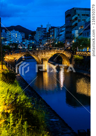 Illuminated night view of Nakajima River and Meganebashi Bridge [Nagasaki City] 116650379