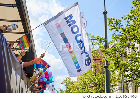 Pride Parade Celebration. A vibrant pride parade with flags Pride Parade Celebration. A vibrant pride parade with flags 116650406