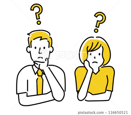 Classic, easy-to-understand illustration of a person, worried man and woman, summer clothes Classic, easy-to-understand illustration of a person, worried man and woman, summer clothes 116650521