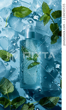 Mint Ice Spray. Cooling spray bottle surrounded by ice and mint leaves on a blue surface. 116650535