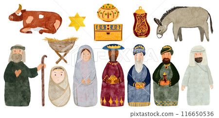 Christmas nativity set in watercolor isolated on white. Mary with baby and Joseph, shepherd, magi, animals. Illustration for advent calendar, banners, wrapping paper, textile, stickers, posters design Christmas nativity set in watercolor isolated on white. Mary with baby and Joseph, shepherd, magi, animals. Illustration for advent calendar, banners, wrapping paper, textile, stickers, posters design 116650536