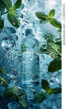 Cooling Freshness. A bottle of mineral water surrounded by ice cubes and mint leaves 116650541
