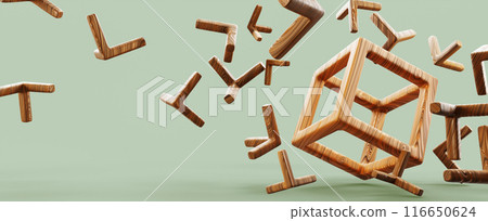 3d abstract geometric green background with wireframe cube block render. Falling square box grid shape with wood texture and flying futuristic fragments. Business, digital technology. 3D illustration 116650624