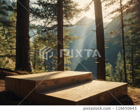 Product empty podium with mountain forest view on a sunny day  116650643