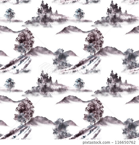 Watercolor landscape mountains, trees, bushes in the meadow and hills. Seamless pattern. Monochromatic grey black foggy nature for wallpaper, fabric Hand draw illustration on isolated white background 116650762