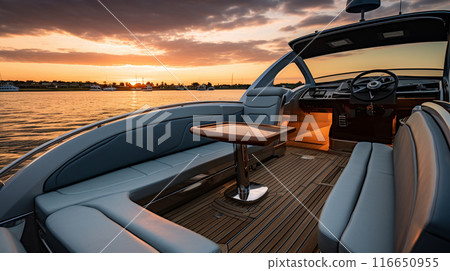 Sunset Yacht Cruise. Luxurious yacht with seating and table, cruising at sunset on a calm water body. Sunset Yacht Cruise. Luxurious yacht with seating and table, cruising at sunset on a calm water body. 116650955