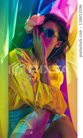 Vibrant Fashion Portrait. Woman in vibrant setting wearing sunglasses and holding a flower against colorful drapery. 116651096