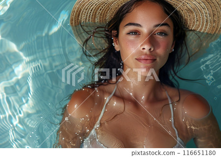 Water Relaxation. A woman in a straw hat enjoys relaxing in a pool Water Relaxation. A woman in a straw hat enjoys relaxing in a pool 116651180
