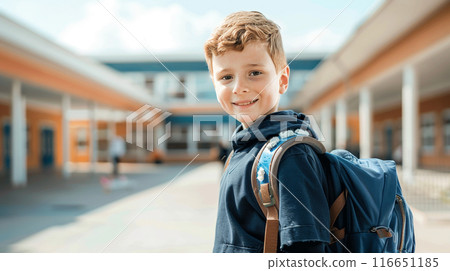 Schoolboy Smiling in Courtyard 116651185