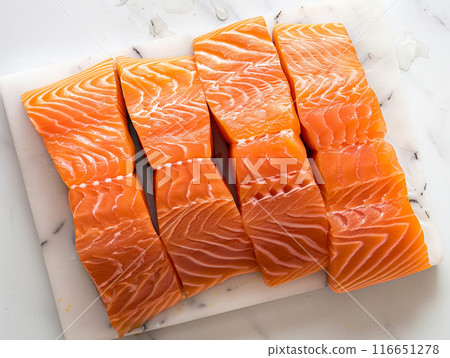 Fresh raw salmon fillets on a marble cutting board Fresh raw salmon fillets on a marble cutting board 116651278