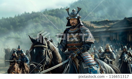 A warrior wearing armor and riding a horse A warrior wearing armor and riding a horse 116651317