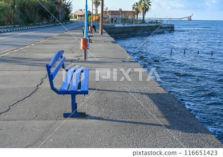 blue bench embankment in Cyprus 3 116651423