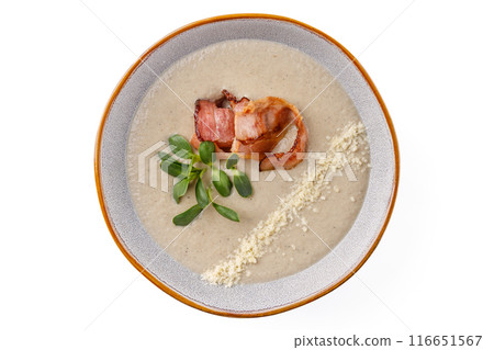Cream of mushroom soup with bacon on a white background studio food photo 1 Cream of mushroom soup with bacon on a white background studio food photo 1 116651567