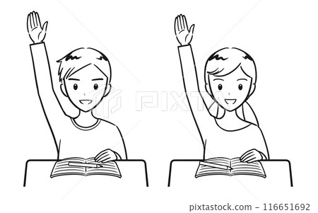 A set of boys and girls in elementary school who actively raise their hands during class (line drawings) A set of boys and girls in elementary school who actively raise their hands during class (line drawings) 116651692
