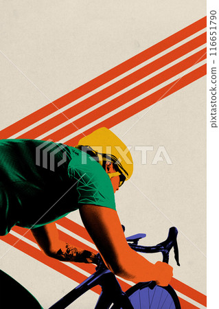 Poster. Contemporary art collage. Focused on win cyclist ride bike intensively against beige background with dynamic lines symbolizing finish. Poster. Contemporary art collage. Focused on win cyclist ride bike intensively against beige background with dynamic lines symbolizing finish. 116651790