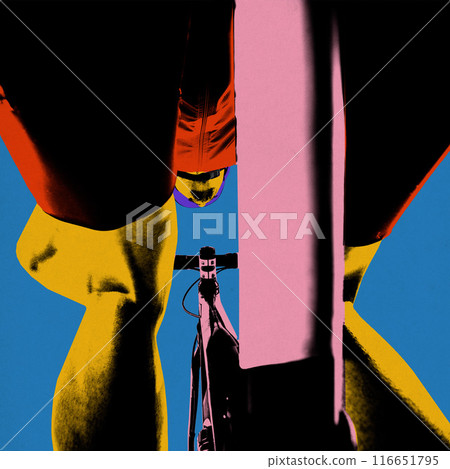Poster. Contemporary art collage. View from between legs when rider on bicycle riding to victory. Vibrant color palette. Poster. Contemporary art collage. View from between legs when rider on bicycle riding to victory. Vibrant color palette. 116651795