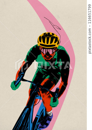 Poster. Contemporary art collage. Motivated, focused on victory in championship cyclist riding bike on pink road against beige background. 116651799