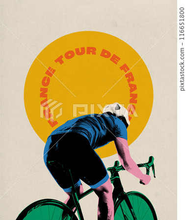 Poster. Contemporary art collage. Rear view of cyclist riding bike against beige background with circle with inscription. Motivation. 116651800