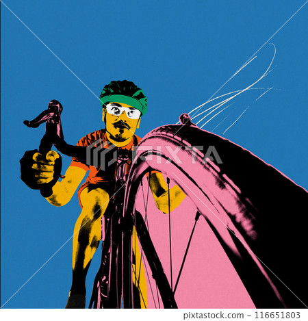 Poster. Contemporary art collage. Rider, wearing green helmet and bright attire in vibrant colors against solid blue background. 116651803