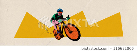 Banner. Contemporary art collage. Rider pedals bike with bold orange wheels, set against angular, yellow geometric shape that emphasizes motion and energy. Banner. Contemporary art collage. Rider pedals bike with bold orange wheels, set against angular, yellow geometric shape that emphasizes motion and energy. 116651806