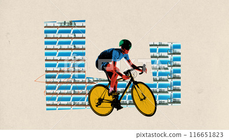 Poster. Contemporary art collage. Cyclist dressed in blue, pedaling bike with bright yellow wheels across building facades on beige background. Poster. Contemporary art collage. Cyclist dressed in blue, pedaling bike with bright yellow wheels across building facades on beige background. 116651823