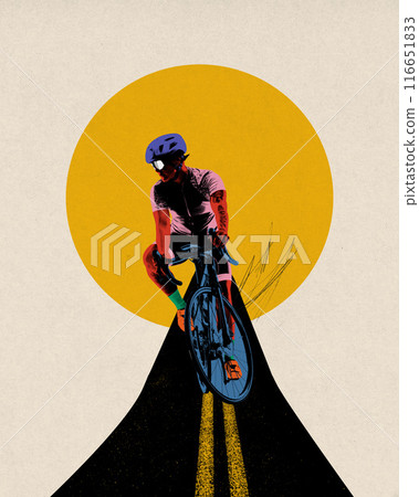 Poster. Contemporary art collage. Cyclist in vibrant colors, riding on dark road with yellow lines against bold yellow circle. Poster. Contemporary art collage. Cyclist in vibrant colors, riding on dark road with yellow lines against bold yellow circle. 116651833