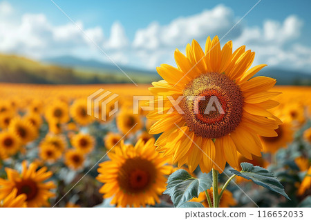 A vibrant sunflower field under a clear blue sky 116652033