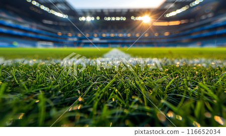 Soccer field with a stadium in the background during sunset. 116652034
