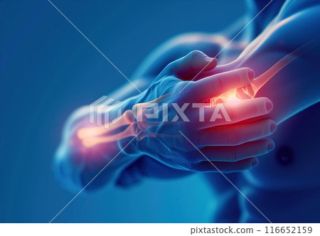A 3D model of an elbow joint is shown, highlighting areas of pain and inflammation with bright red and orange colors. Generative AI. A 3D model of an elbow joint is shown, highlighting areas of pain and inflammation with bright red and orange colors. Generative AI. 116652159