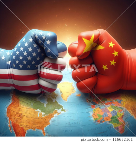 Symbolic imagery of US-China relations: Boxing gloves with national flags clash over world maps, representing global economic and political tensions. 116652161
