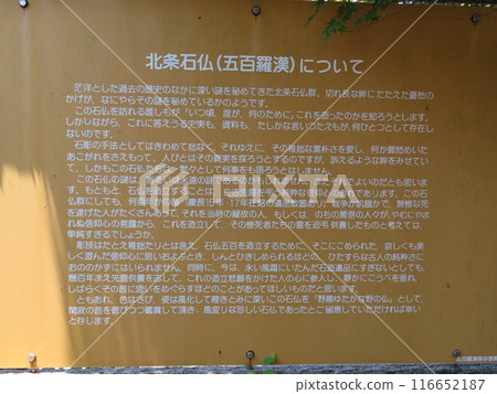 排列成一排的各種面孔的石佛像，開西市北條的五百樂館，說明文字 116652187