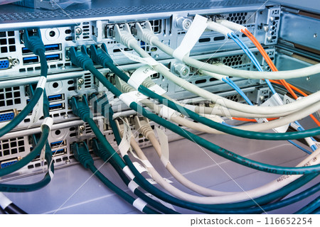 fiber optic cables connected to optic ports, network cables connected to ethernet ports 116652254