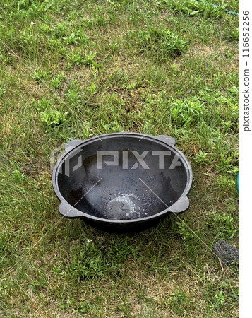 An empty cast iron cauldron stands on green grass. 116652256