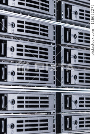 Row of hard disks used for data storage in internet data center 116652275
