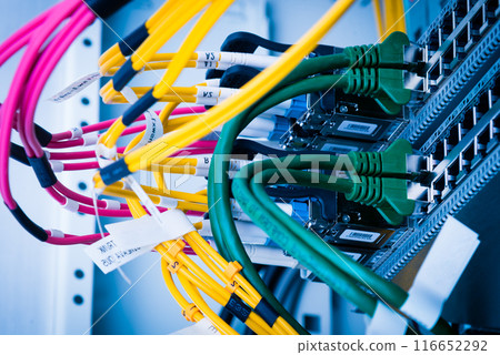 network panel, switch and cables inside internet data center network panel, switch and cables inside internet data center 116652292