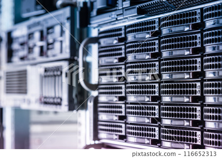 Row of hard disks used for data storage in internet data center 116652313
