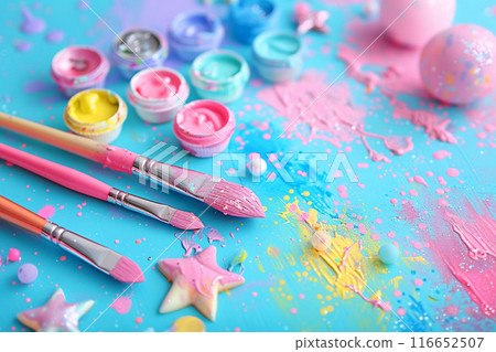 Colorful Painting Supplies. A vibrant arrangement of paintbrushes with splashes of colorful paint 116652507