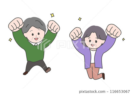 一對老年夫婦舉起拳頭跳躍的插圖 116653067