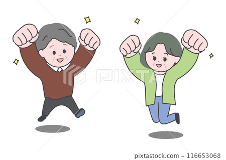 Illustration of happy elderly men and women jumping with their fists raised 116653068
