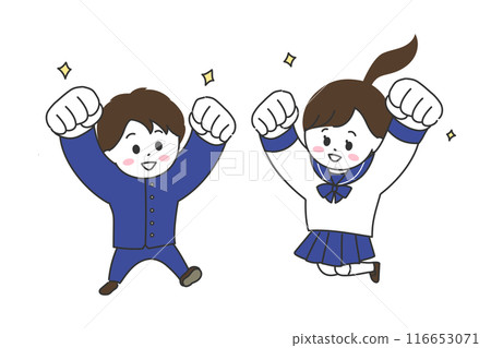Illustration of a man and woman in a sailor suit and school uniform jumping with their fists raised Illustration of a man and woman in a sailor suit and school uniform jumping with their fists raised 116653071