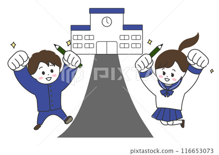 Illustration of a boy and girl in uniform jumping with a school background and pencils Illustration of a boy and girl in uniform jumping with a school background and pencils 116653073