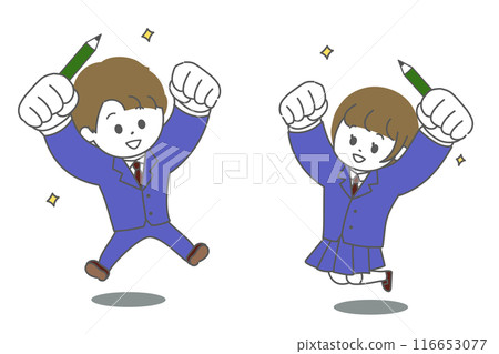 Illustration of male and female high school students jumping with pencils Illustration of male and female high school students jumping with pencils 116653077