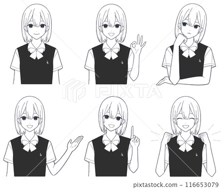 漫畫風格女學生臉部表情單調插畫變異集（畫線） 116653079
