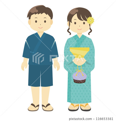 穿著甚平和浴衣的男人和女人的插圖 116653381